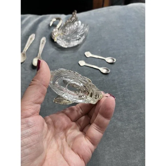 Pair of 3" Large Vtg Germany Silver & Crystal Swan Master Salt Cellars w/Spoons - Picture 12 of 16